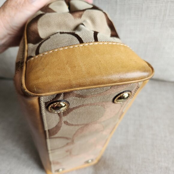 COACH Madeline top handle shoulder satchel khaki signature C and camel leather - Picture 6 of 15